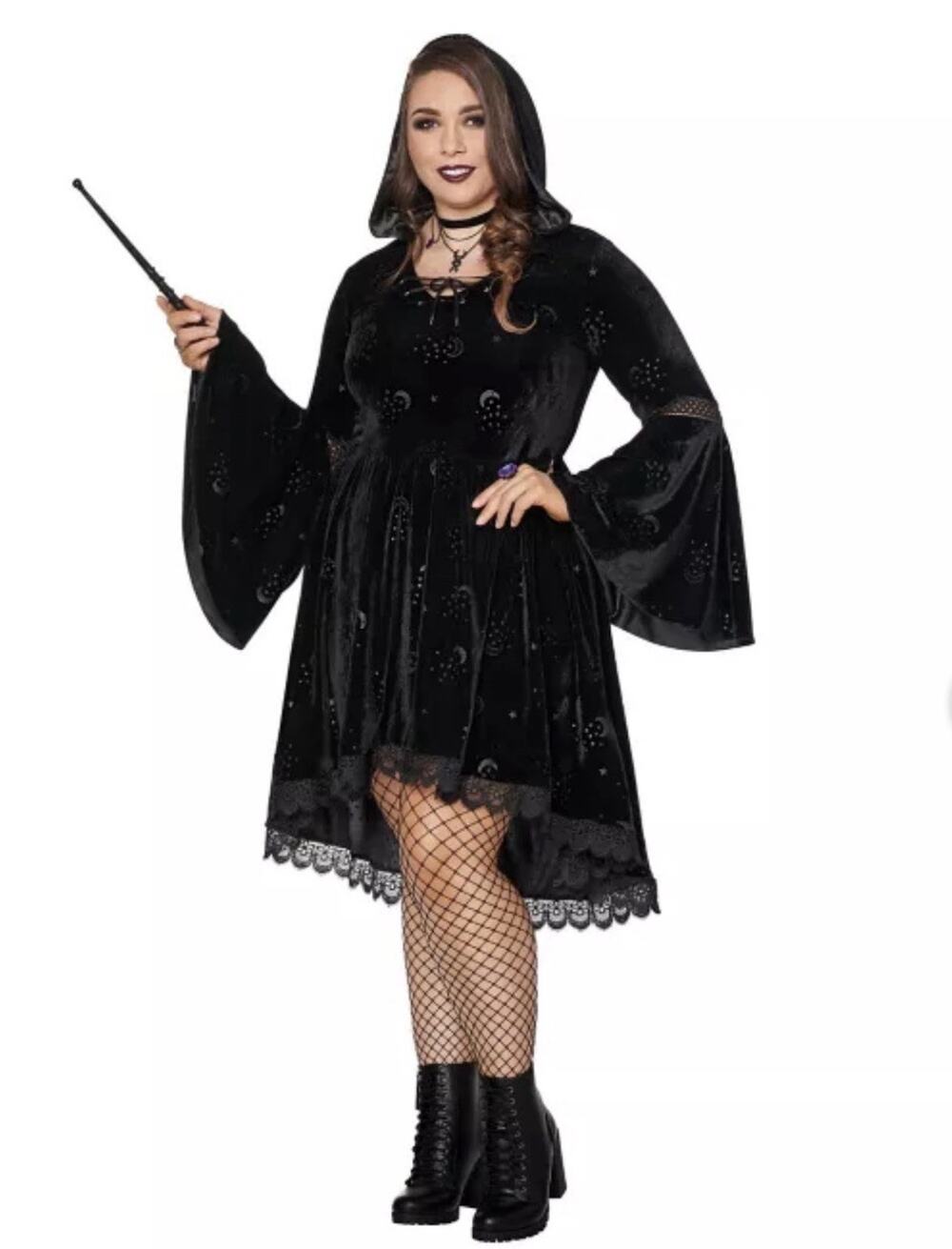 Women’s Dress Black Velvet Hooded Celestial Bell Sleeve Witch Gothic Size XL